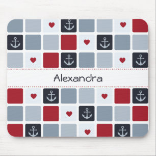 Girly Navy och Red Anchor Heart Mönster med Namn Musmatta
