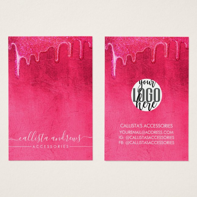 Girly Neon Rosa Thick Glitter Drips Logotyp ÖKNING Visitkort (Framsida & baksida)