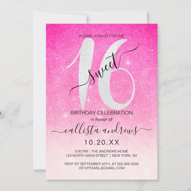 Girly Neon Rosa White Glitter Ombre Sweet 16 Inbjudningar (Framsida)