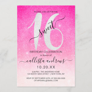 Girly Neon Rosa White Glitter Ombre Sweet 16 Inbjudningar
