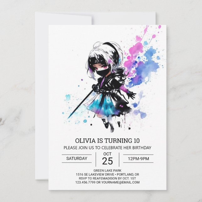 Girly Ninja Digital Girl Birthday Inbjudningar (Framsida)