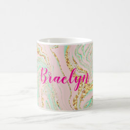 Girly och Feminine Rosa Mint och Guld Marbling Kaffemugg