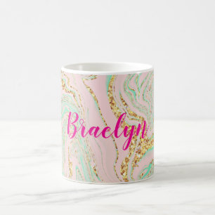 Girly och Feminine Rosa Mint och Guld Marbling Kaffemugg