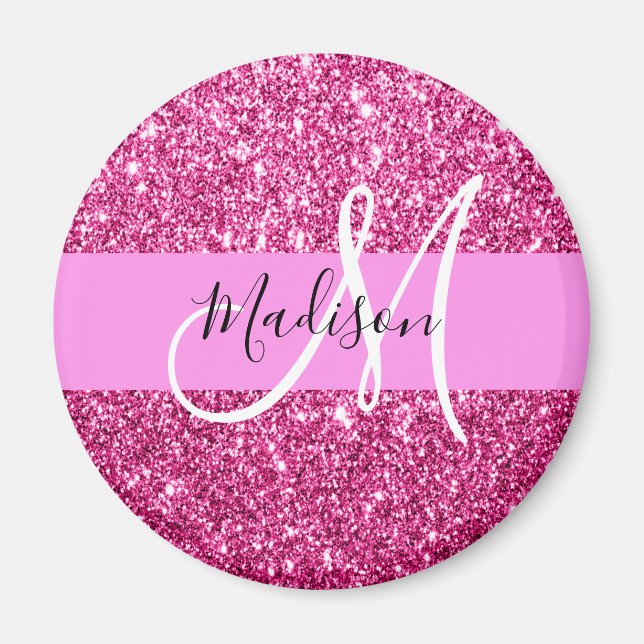 Girly och Glam Shock rosa Glitter Sparkles Monogra Magnet (Framsidan)