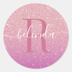 Girly Ombre Rosa Lila Glitter Monogram Namn Runt Klistermärke