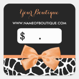 Girly Orange Bow Giraffe Print Boutique Prisa Märk Fyrkantigt Klistermärke