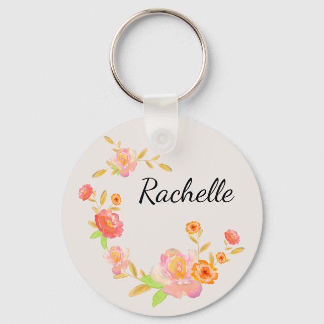 Girly Orange & Pink Floral Monogrammed Nyckelring (Framsida)