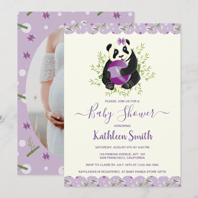 Girly Panda Bear Baby Shower Blek Lilac Photo Inbjudningar (Fram/baksida)