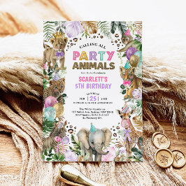 Girly Party Animals Vild Jungle Safari Birthday Inbjudningar