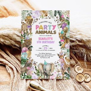 Girly Party Animals Vild Jungle Safari Birthday Inbjudningar