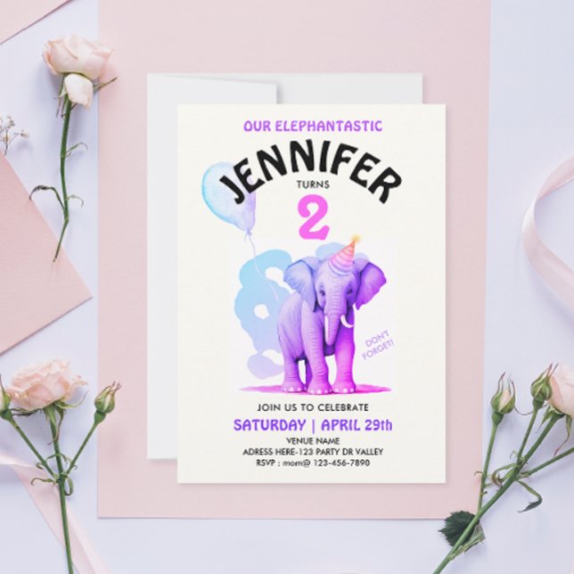 Girly Pastel Elephant Watercolor Födelsedagsfest Inbjudningar (Skapare uppladdad)