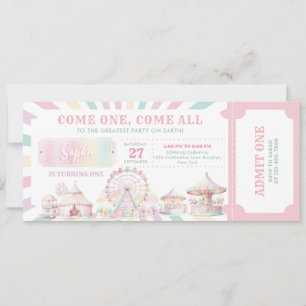 Girly Pastel Färg Carnival Circus Biljett Birthday Inbjudningar