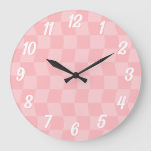 Girly Pastel Rosa Vågigt Checkerboard Stor Klocka