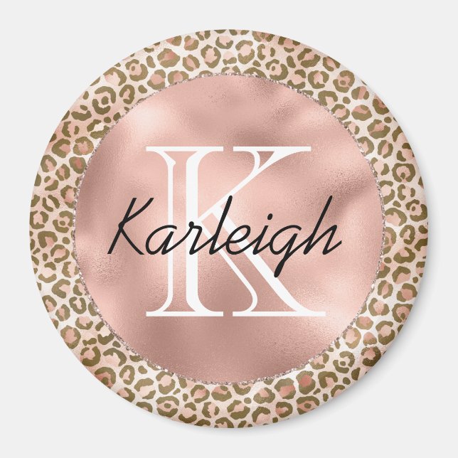 Girly Peach Brown Leopard Skriv ut Monogram Magnet (Framsidan)