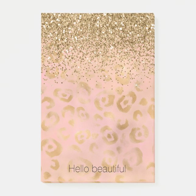 Girly Peach Guld Leopard Glitter Post-it Block (Framsida)