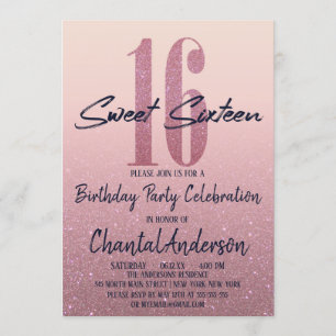 Girly Peach Rosa Faux Glitter Ombre Sweet sixteen Inbjudningar