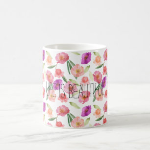 Girly Peach Rosa Lila Blommigt Vattenfärg Kaffemugg