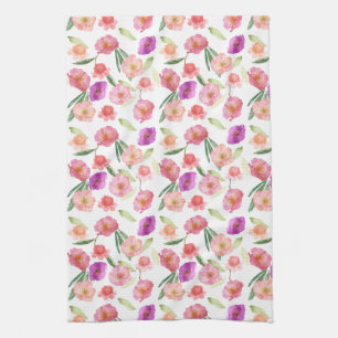 Girly Peach Rosa Lila Blommigt Vattenfärg Kökshandduk