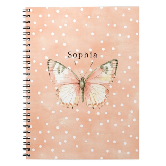 Girly Peach White Dots Butterfly   Anteckningsbok (Framsidan)