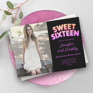 Girly Photo Neon Balloons Shock rosa Black Sweet 1 Inbjudningar