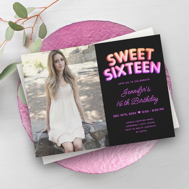 Girly Photo Neon Balloons Shock rosa Black Sweet 1 Inbjudningar (Girly Photo Neon Balloons Hot Pink Black Sweet 16 Invitation)