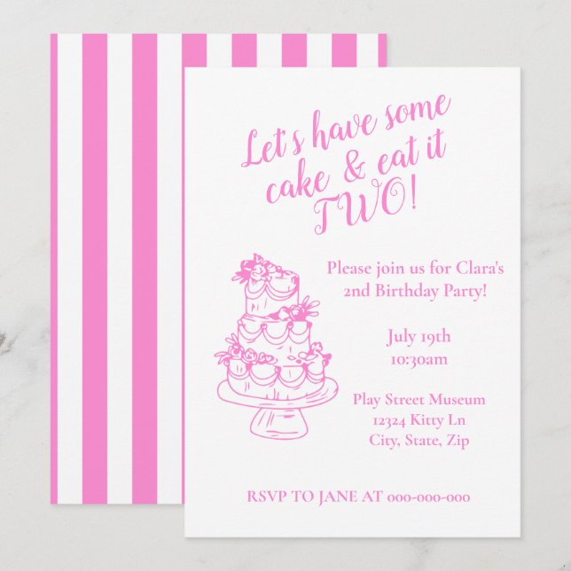 Girly Pink 2nd Birthday Invitation - Cake Theme  Inbjudningar (Fram/baksida)