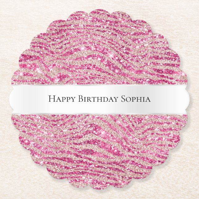 Girly Pink and Blush Glitter Zebra Birthday Underlägg Papper (Framsida)