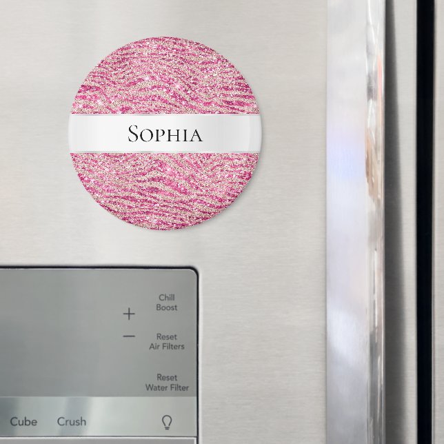 Girly Pink and Blush Glitter Zebra Name Magnet (In Situ (Fridge))