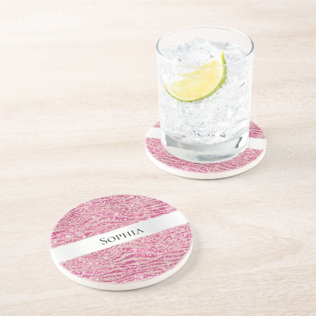 Girly Pink and Blush Glitter Zebra Name Underlägg (Sidan)