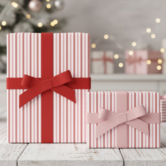 Girly Pink and Red Candy Cane Pinstripe Pattern Presentpapper (Cute Modern Girly Pink and Red Candy Cane Pinstripe Pattern Christmas Wrapping Paper for Kids Xmas)