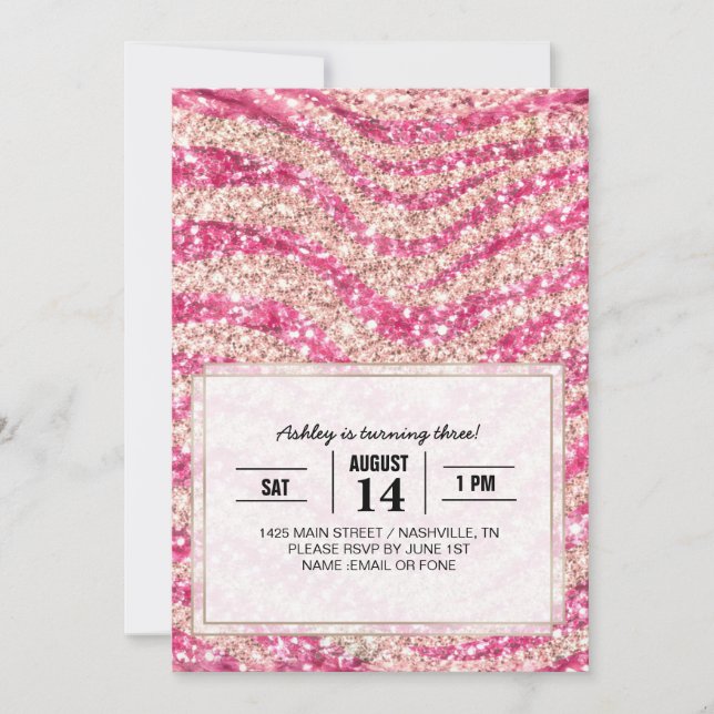 Girly Pink Blush Glitter Zebra Pattern             Inbjudningar (Framsida)