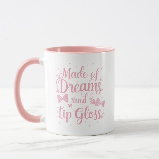 Girly Pink Bow "Dreams and Lip Gloss" Quote Mugg (Vänster)