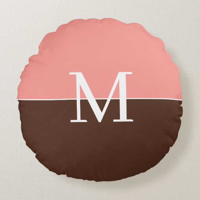 Girly pink &brown monogram rund kudde (Framsidan)
