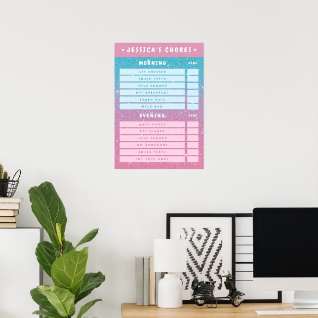 Girly Pink Glitter Kids Dry Erase Daily Chores  Poster (Hemmakontoret)