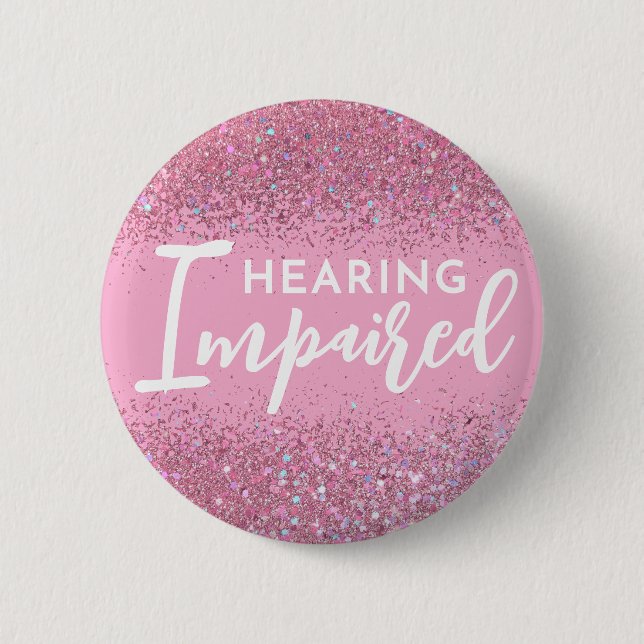 Girly Pink Glitter Script Hearing Impaired Knapp (Framsida)