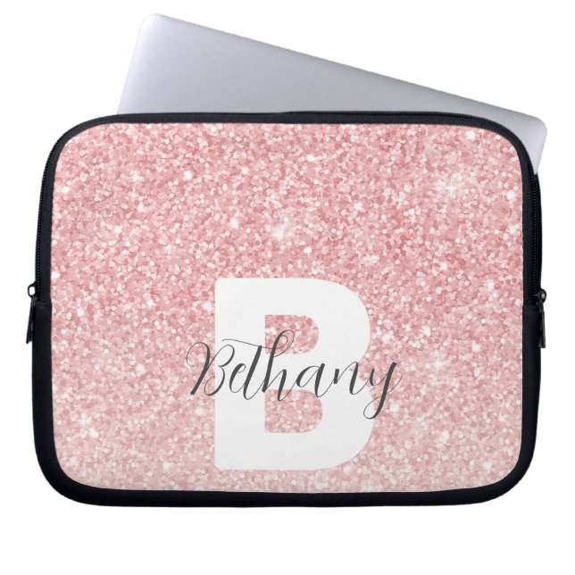 Girly Pink Glitter Sparkles Monogram Script Name Laptop Fodral (Framsidan)