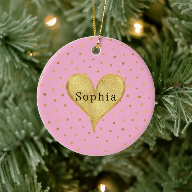 Girly Pink Gold Dots Heart Christmas Julgransprydnad Keramik (Träd)