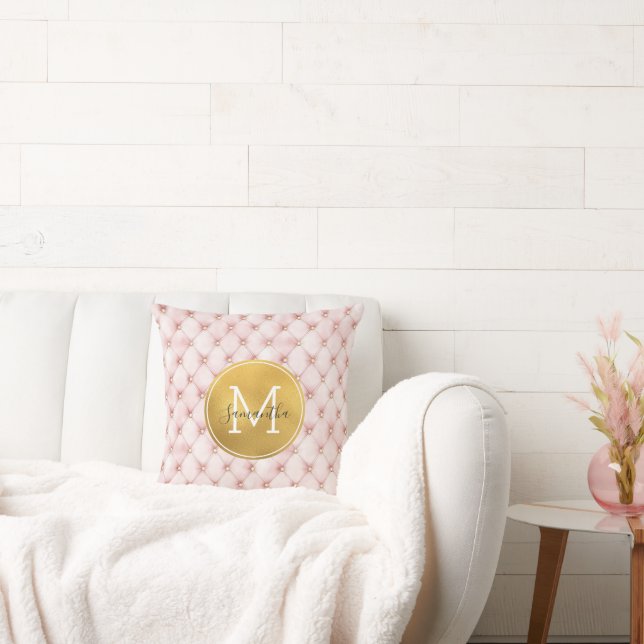 Girly Pink Gold Watercolor Confetti Monogram Kudde (Soffa)