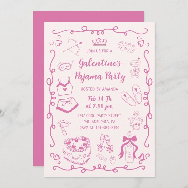 Girly Pink Hand Drawn Galentine's Pajama Party Inbjudningar (Fram/baksida)