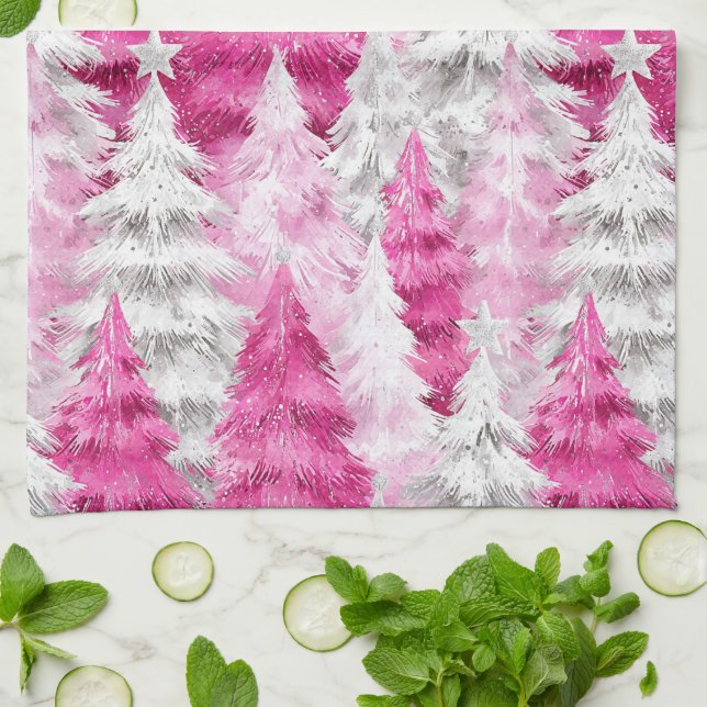 Girly Pink Silver Glam Christmas Trees Stripes Kökshandduk (Vikta)