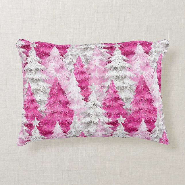 Girly Pink Silver Glam Christmas Trees Stripes Prydnadskudde (Framsidan)