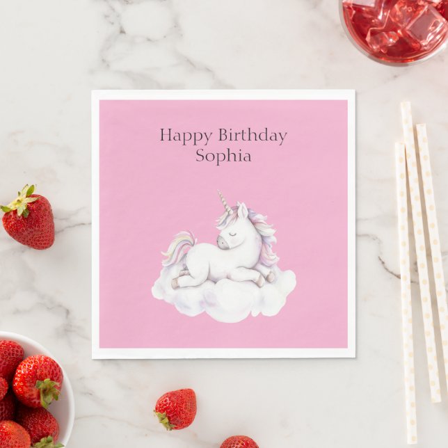 Girly Pink Unicorn on Cloud Birthday Pappersservett (Insitu)