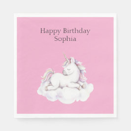 Girly Pink Unicorn on Cloud Birthday Pappersservett