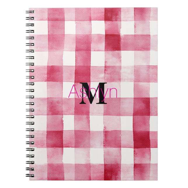 Girly Pink White Plaid Stripes Monogram Anteckningsbok (Framsidan)