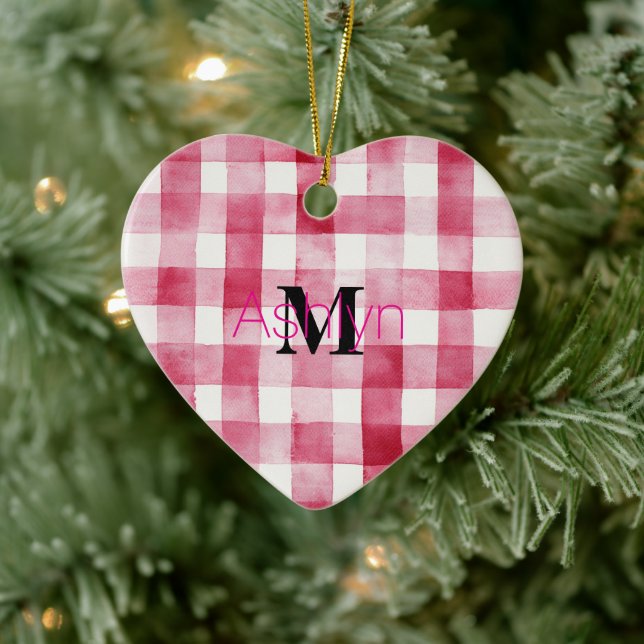 Girly Pink White Plaid Stripes Monogram Christmas Julgransprydnad Keramik (Träd)