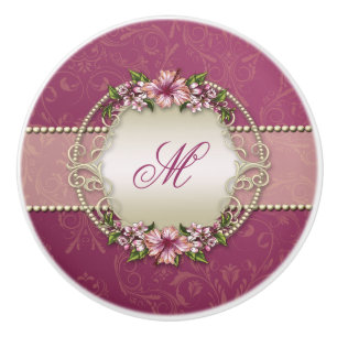 Girly Plum Blommigt och Damask Monogram Knopp