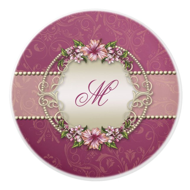 Girly Plum Blommigt och Damask Monogram Knopp (Framsidan)