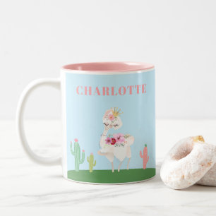 Girly Princess Llama Blommigt Cactus Två-Tonad Mugg