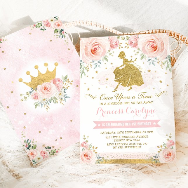 Girly Princess  Rosa Guld Blommigt Birthday Inbjudningar (Skapare uppladdad)