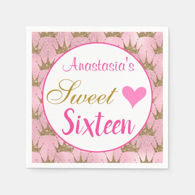 Girly Princess Rosa Guld Glitter Sweet sixteen 16 Pappersservett (Framsidan)